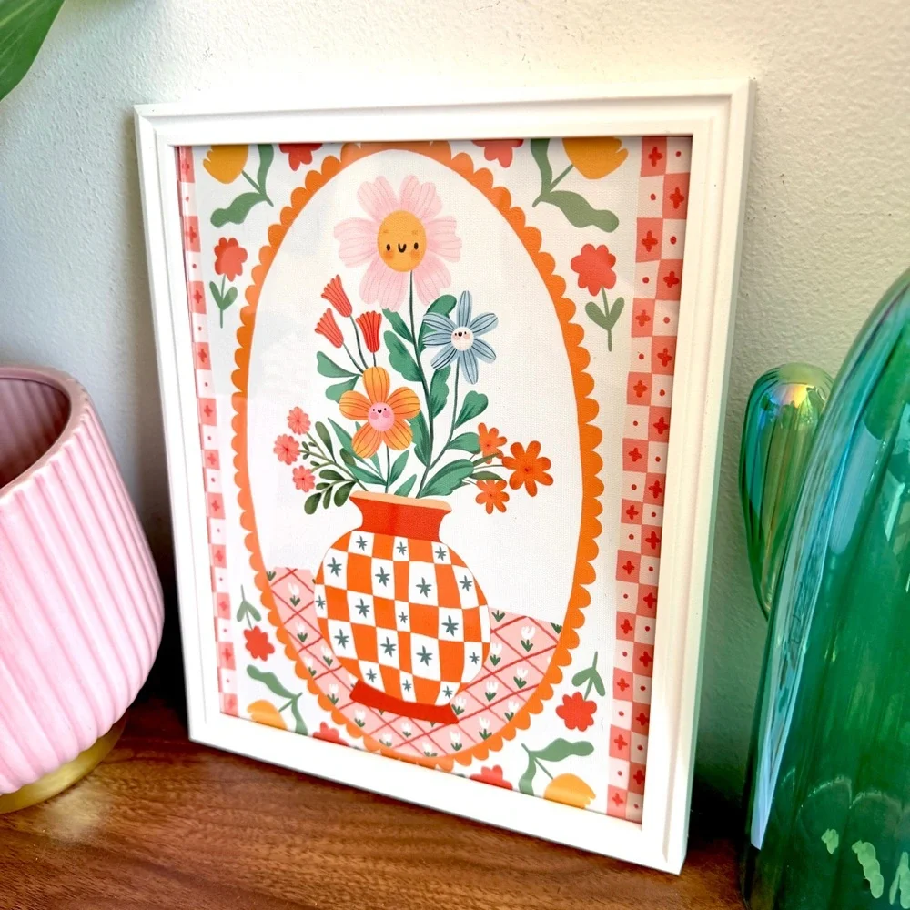 Whimsical Vase of Flowers Cheerful Colorful Canvas Art Print White Framed Art